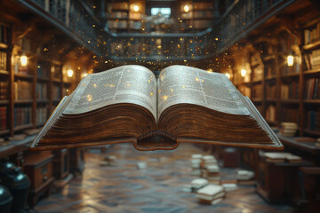 Poster - a floating book in a library with pages turning by themselves, hinting at an invisible reader. conce