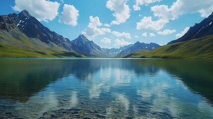 Poster -   A picturesque mountain range surrounds a tranquil body of water beneath a clear blue sky adorned with puffy white clouds