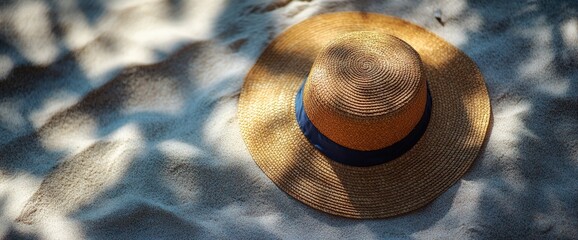 A straw hat lies on the sand with shadows from a tree overhead.