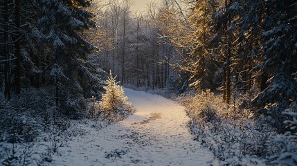 Sticker -   Snowy trail in woods with snow beneath trees on both sides