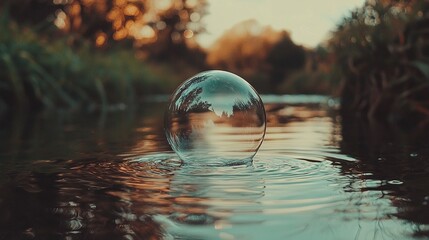 Poster -   A lush green forest surrounded by water and a floating bubble