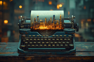 Poster - An old typewriter with a page emerging, but the text on the page is written in the shape of a modern city skyline. Concept of blending past and present information presentation.