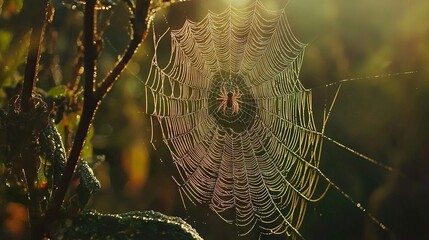   A macro shot of a spider's web on a tree with sunlight filtering through it