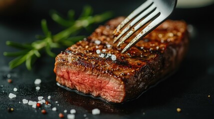 Close-up of a perfectly cooked steak on a black plate with a fork. The steak is medium-rare with a crispy sear and is garnished with rosemary sprigs and sea salt.