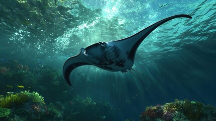 Poster -   Manta ray swims over green-blue coral reef, sunlight streaming through water