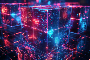 Poster - a set of stacked cubes with each face of the cube displaying different types of data or infographics