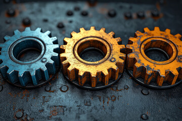 Poster - a set of interlocking gears with each gear displaying a different creative or intellectual concept, 