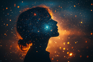 Wall Mural - A person's silhouette filled with constellations and nebulae, indicating the vastness and depth of the mind. Concept of mental expansiveness and exploration.