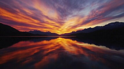 Poster -   A tranquil waterway with a captivating sunset reflecting off its surface, surrounded by majestic mountains on both shores