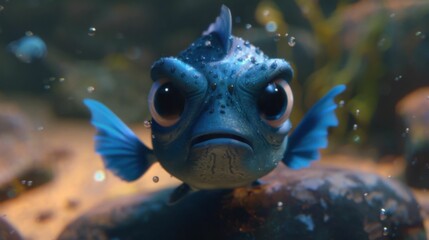 A blue fish with yellow fins is looking at the camera