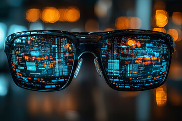 Poster - A pair of glasses with lenses that project different pieces of information when worn, creating a personalized data experience. Concept of augmented reality and information.