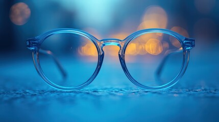 Clear eyeglasses with a blurred background of city lights.