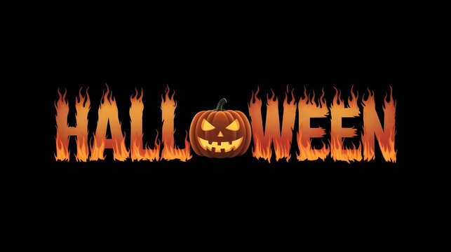 3D Halloween typography text with fire letters, and creepy lantern jack-o face