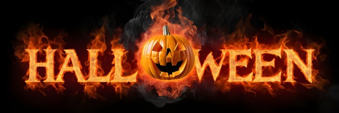 3D Halloween typography text with fire letters, and creepy lantern jack-o face