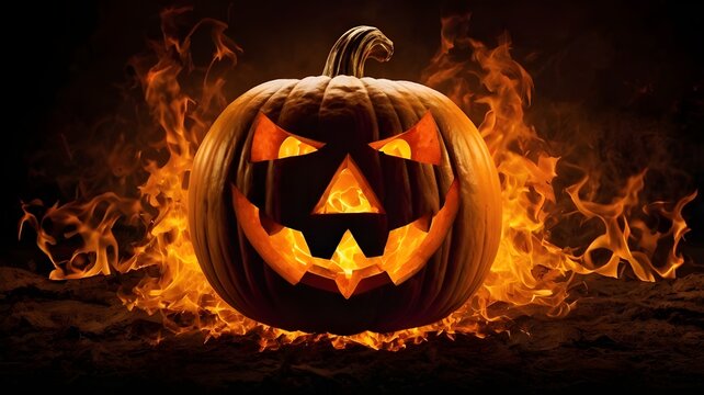 3D Halloween text with fire letters, and creepy lantern jack-o face