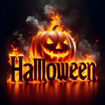 3D Halloween text with fire letters, and creepy lantern jack-o face