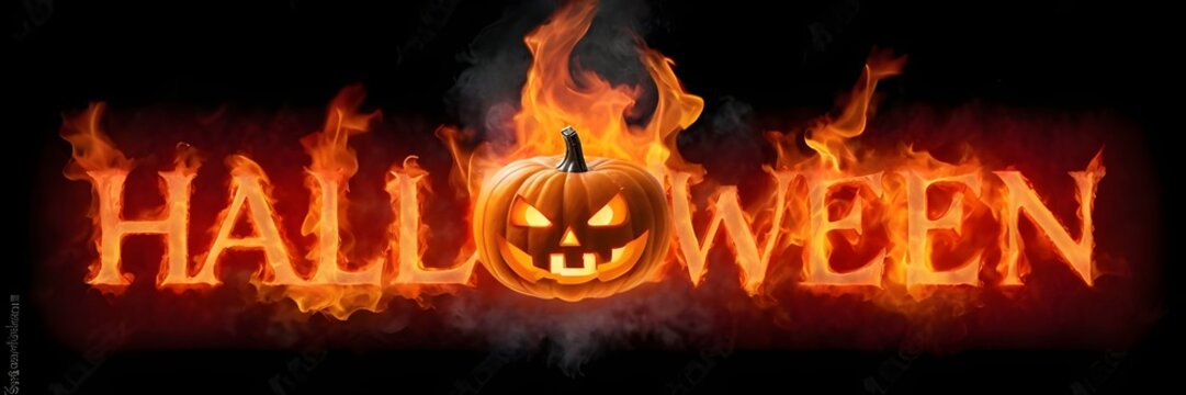 3D Halloween text with fire letters, and creepy lantern jack-o face