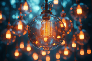 Poster - A dynamic light installation where each light represents a different innovative idea or breakthrough. Concept of illuminating creativity and progress.