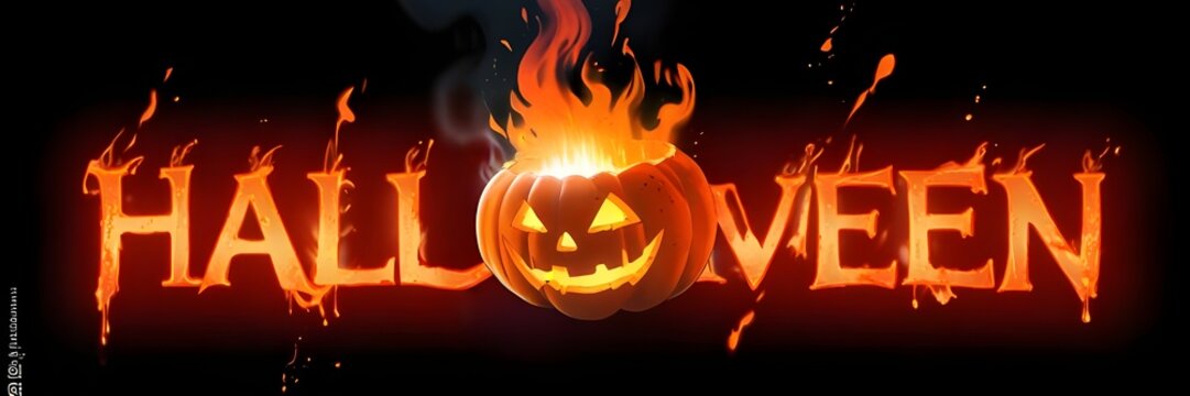 3D Halloween text with fire letters, and creepy lantern jack-o face