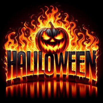 3D Halloween text with fire letters, and creepy lantern jack-o face