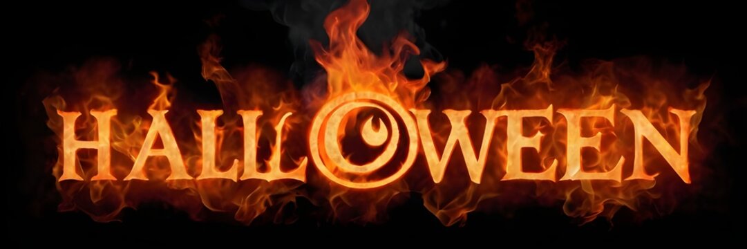 3D Halloween text with fire letters, and creepy lantern jack-o face
