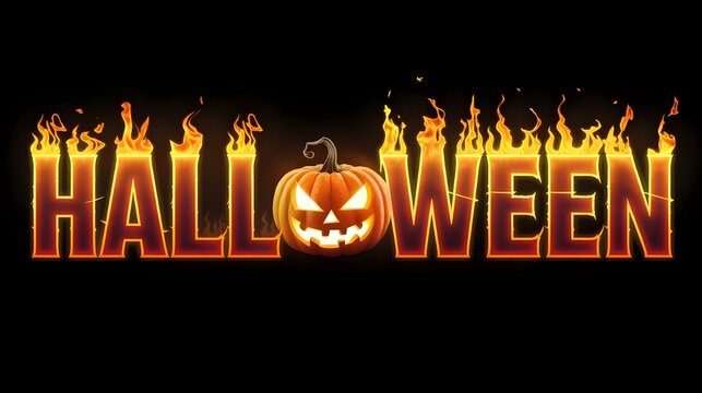 3D Halloween text with fire letters, and creepy lantern jack-o face