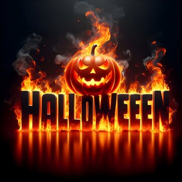 3D Halloween text with fire letters, and creepy lantern jack-o face