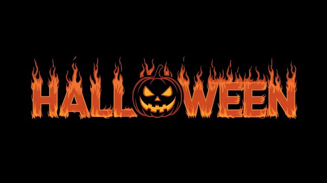 3D Halloween text with fire letters, and creepy lantern jack-o face