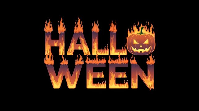 3D Halloween text with fire letters, and creepy lantern jack-o face
