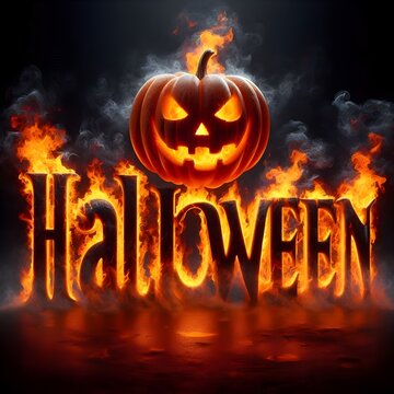 3D Halloween text with fire letters, and creepy lantern jack-o face