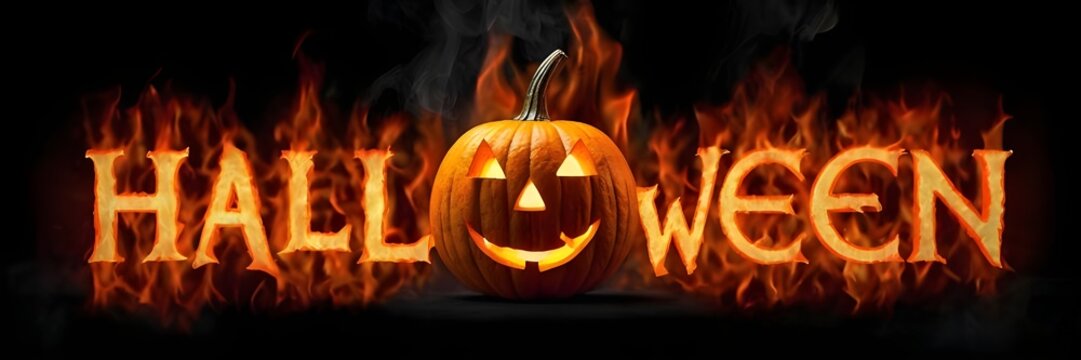 3D Halloween text with fire letters, and creepy lantern jack-o face