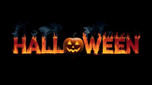 3D Halloween text with fire letters, and creepy lantern jack-o face