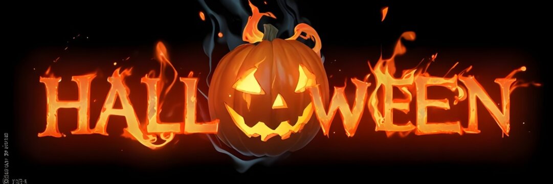 3D Halloween text with fire letters, and creepy lantern jack-o face