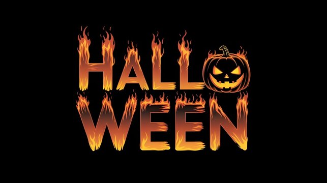 3D Halloween text with fire letters, and creepy lantern jack-o face