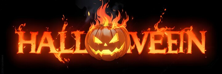 3D Halloween text with fire letters, and creepy lantern jack-o face