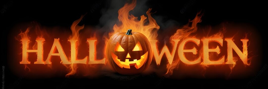 3D Halloween text with fire letters, and creepy lantern jack-o face