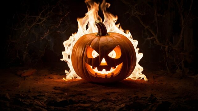 3D Halloween text with fire letters, and creepy lantern jack-o face