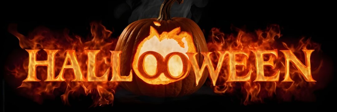 3D Halloween text with fire letters, and creepy lantern jack-o face