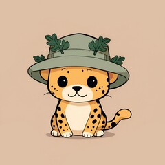 Wall Mural - Cute Cartoon Leopard Wearing a Hat