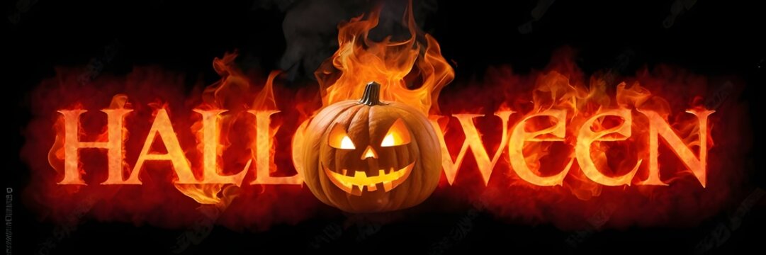 3D Halloween text with fire letters, and creepy lantern jack-o face