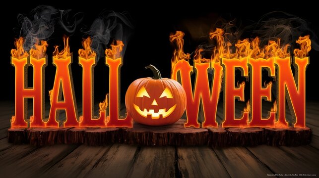 3D Halloween text with fire letters, and creepy lantern jack-o face