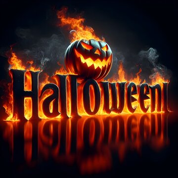 3D Halloween text with fire letters, and creepy lantern jack-o face