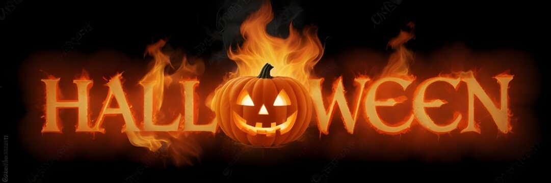 3D Halloween text with fire letters, and creepy lantern jack-o face