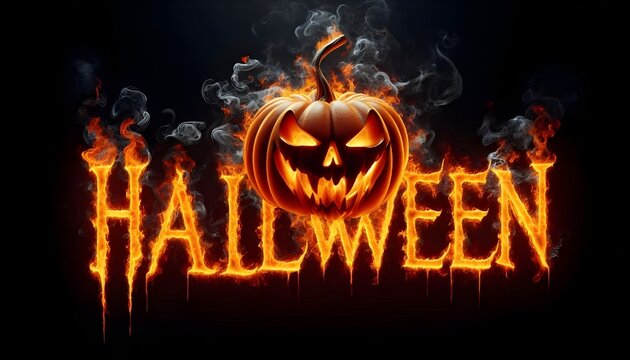 3D Halloween text with fire letters, and creepy lantern jack-o face