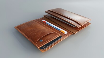 Elegant Brown Leather Wallet with Credit Cards and Smartphone on Gray Background