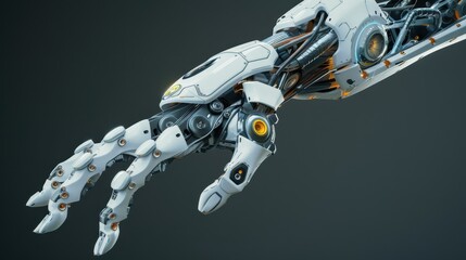 Poster - futuristic robotic arm with advanced technology and mechanical components on dark background