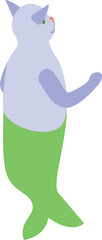 Sticker - Purple cat with a green mermaid tail is walking and looking to its right