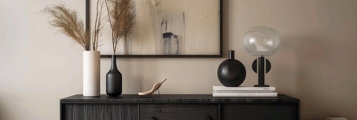 Poster - contemporary living room interior featuring chic accessories, including a sleek commode, artwork, la