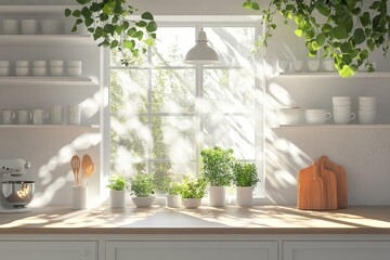 A kitchen counter with a window, plants, and light shining through.