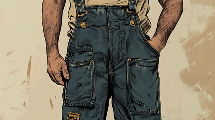 Close-up of a man wearing dark blue overalls with multiple pockets, a hand in the pocket, and a distressed beige background.